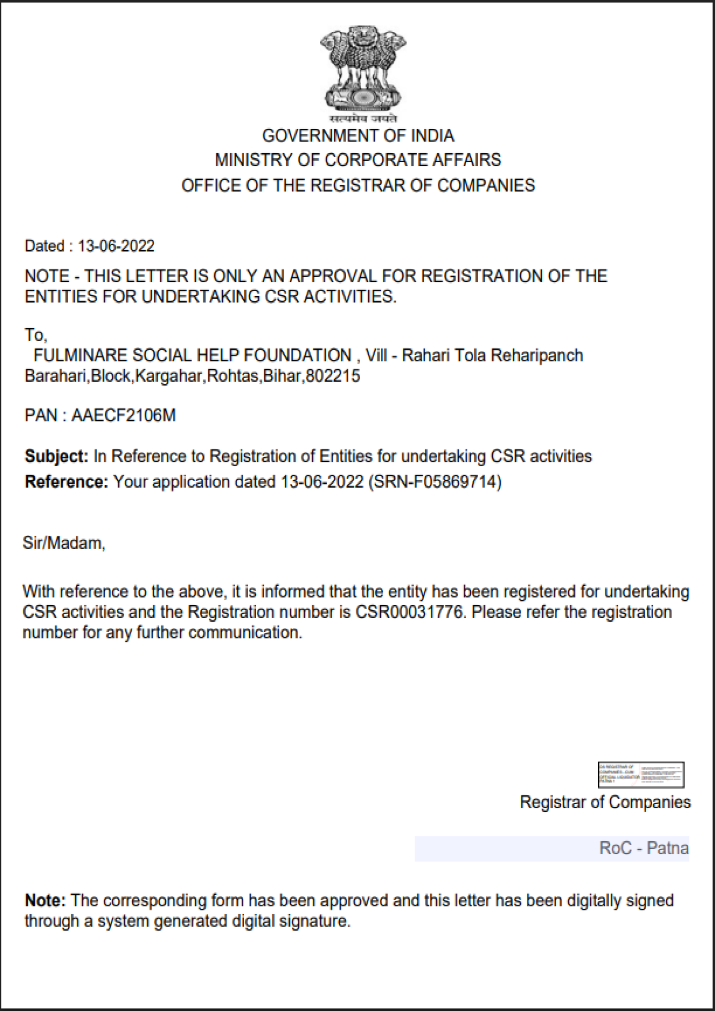Approval For CSR
